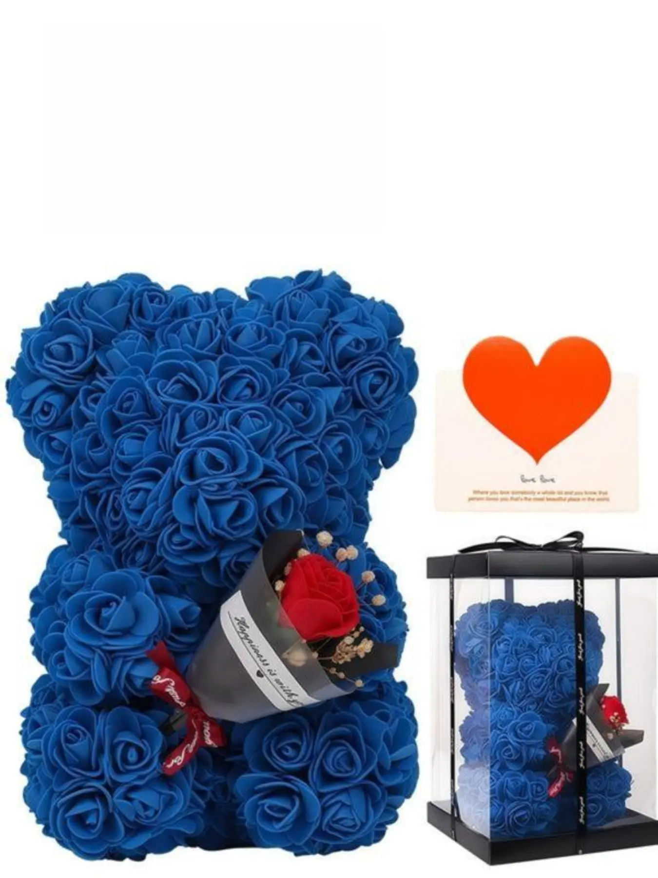 Blue Preserved Flower Rose Bear Acrylic Gift Box, Never Withering Romantic Gift, Handmade Ditsy Floral Teddy Bear Set, Forever Rose Gift