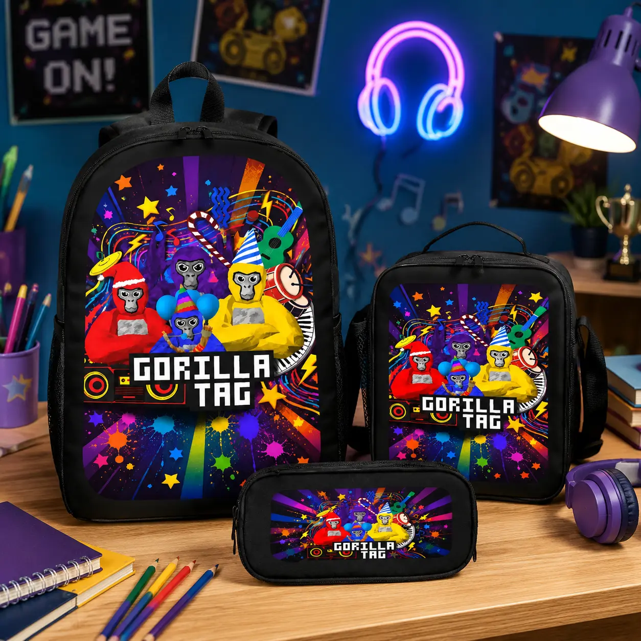 Gorilla Tag Cartoon Backpack Set 3PCS with Lunch Bag Pencil Case Game Style School Backpack Lightweight Travel Daypack Bookbag for Boys Girls Teens Gaming Fans Back to School Gift Trendy TikTok Backpack Bundle