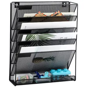 Desk File Organizer Mesh 5-Tier, Hanging Wall Mount Document Organization Stand, Desktop Vertical Mail Paper Folder Holder Rack with Bottom Tray for Office Home Cubicle Countertop