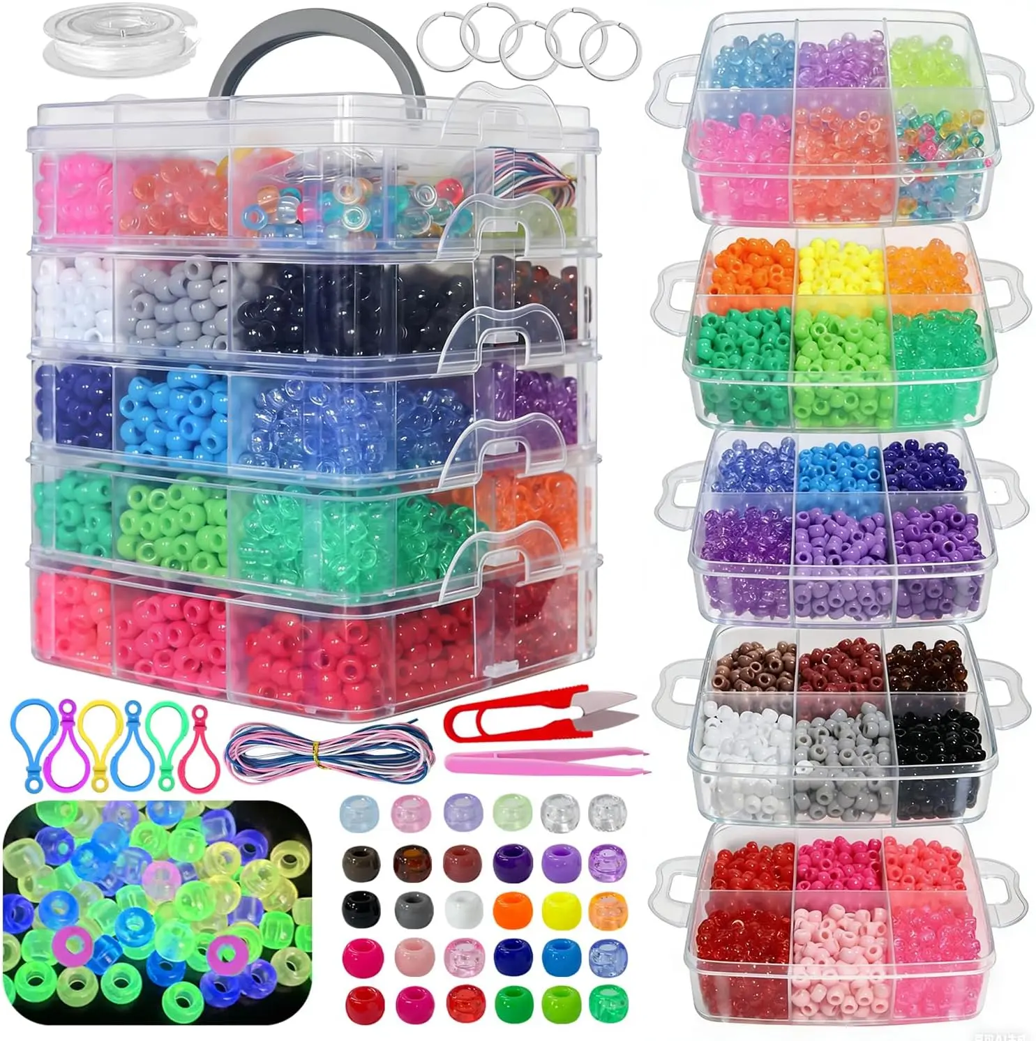 5600PCS Glow-in-The-Dark Pony Kandi Beads Keychain Making Kit, Friendship Jewelry Bracelet kit 30 Colors Hair Bead, Pets Art Crafts for Kids Beginners Birthday DIY Gifts
