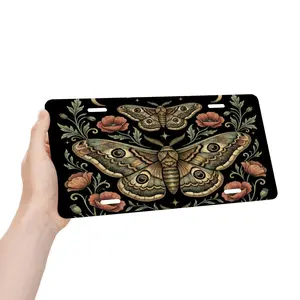 Dark Botanical Moth & Butterfly Front License Plate - Wildflower Nature Witchy Aluminum Car Tag - Dark Academia Gothic Vanity Plate - Forest Core Decor