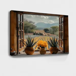 Wooden Framed Wall Decor Art, Wrapped Canvas Vintage Prints Poster, Open Window Agave Plantation Canvas Print, Mexican Wall Decoration, Country Canvas, Perfect Gift, for Living Room Bedroom Office, Artwork Painting Flowers Home Artistic Ornaments Photo