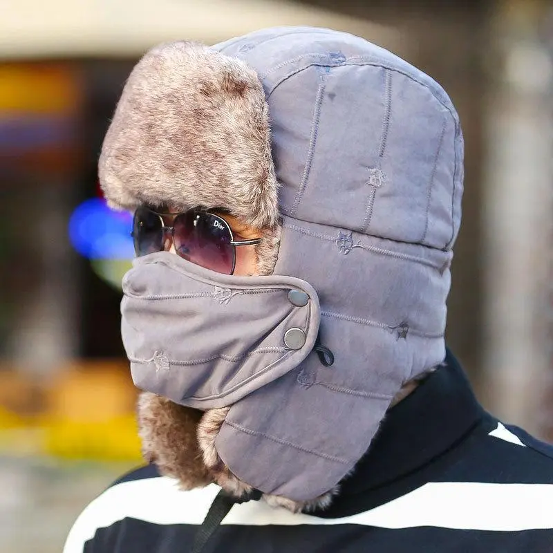Unisex Adult Blizzard-Proof Furry Trapper Hat - Motorcycle Running Synthetics Protective Gear, Windproof, Waterproof, Thick, Sealed Seams, Goggle-Compatible Ear Flaps, Adjustable Chin Strap, Removable Mask