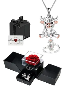Highland Cow Vintage Elegant Jewelry Set with Eternal Rose Box, Silver Color Pendant Necklace, Adjustable Ring, Cute Animal Gift for Mom, Girlfriend, Wife