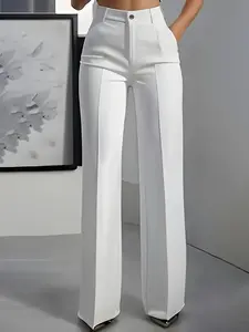 Women's High Waist Slim Fit Straight Leg Pants, Pure Color Solid Business Commute Long Trousers, Suitable for Formal Office Wear