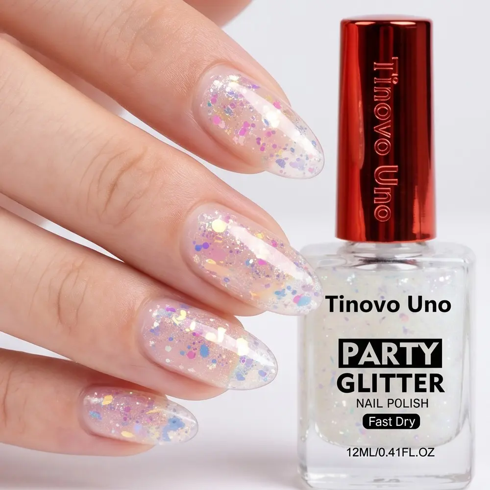 Tinovo Uno Transparent Rainbow Glitter Nail Polish 12ml: Dries quickly, forms a smooth finish, and lasts without chipping. Apply a thin coat for a sheer, “scattered diamond” effect—perfect for both daily commutes and parties.