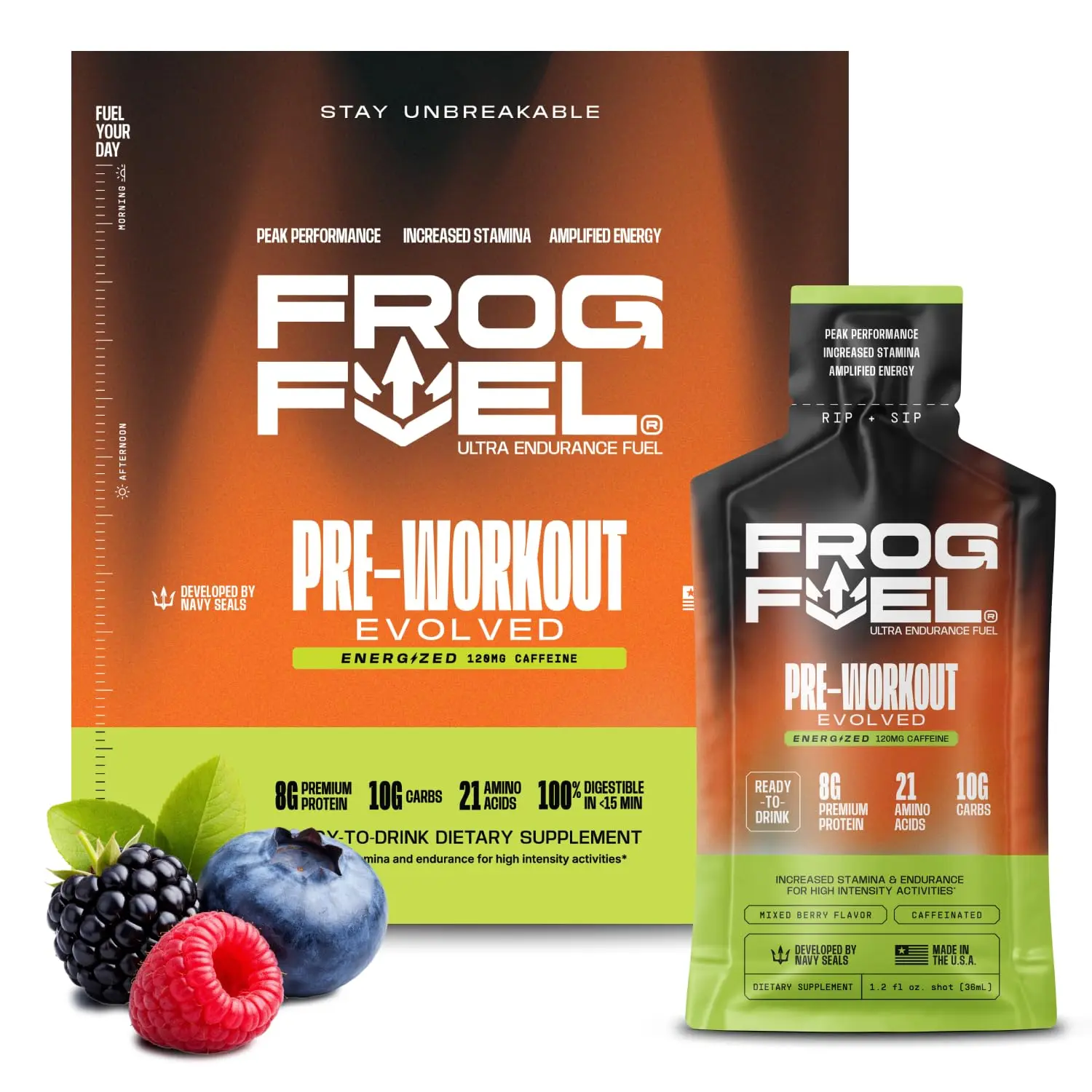 Frog Fuel Ultra Energy Gel Pre-Workout Shot, Berry Flavor, 120mg Caffeine, 1500mg Beta Alanine, Electrolytes, 8g Collagen Blend - 24 Pack