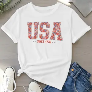 Comfort Colors Casual Short-Sleeve Patriotic Floral T-Shirt, Retro USA 4th of July Sublimation Clothes, America Coquette Girly Tee, Men's Top 25620 Father's Day Gift