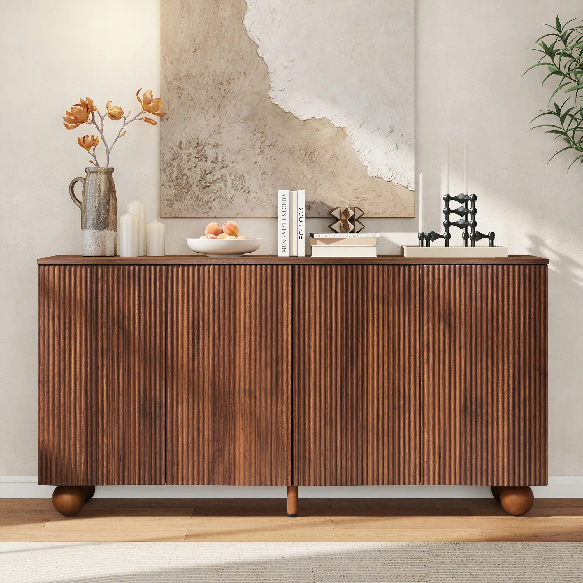 Giratree Freestanding Wood Sideboard Buffet Cabinet - 58" W x 14" D x 29.5" H Modern Furniture, Handleless Unit with 4 Curved Top 3D Fluted Cabinet Doors, Adjustable Shelves for Living, Dining Rooms, Smooth Surface Space Organizer
