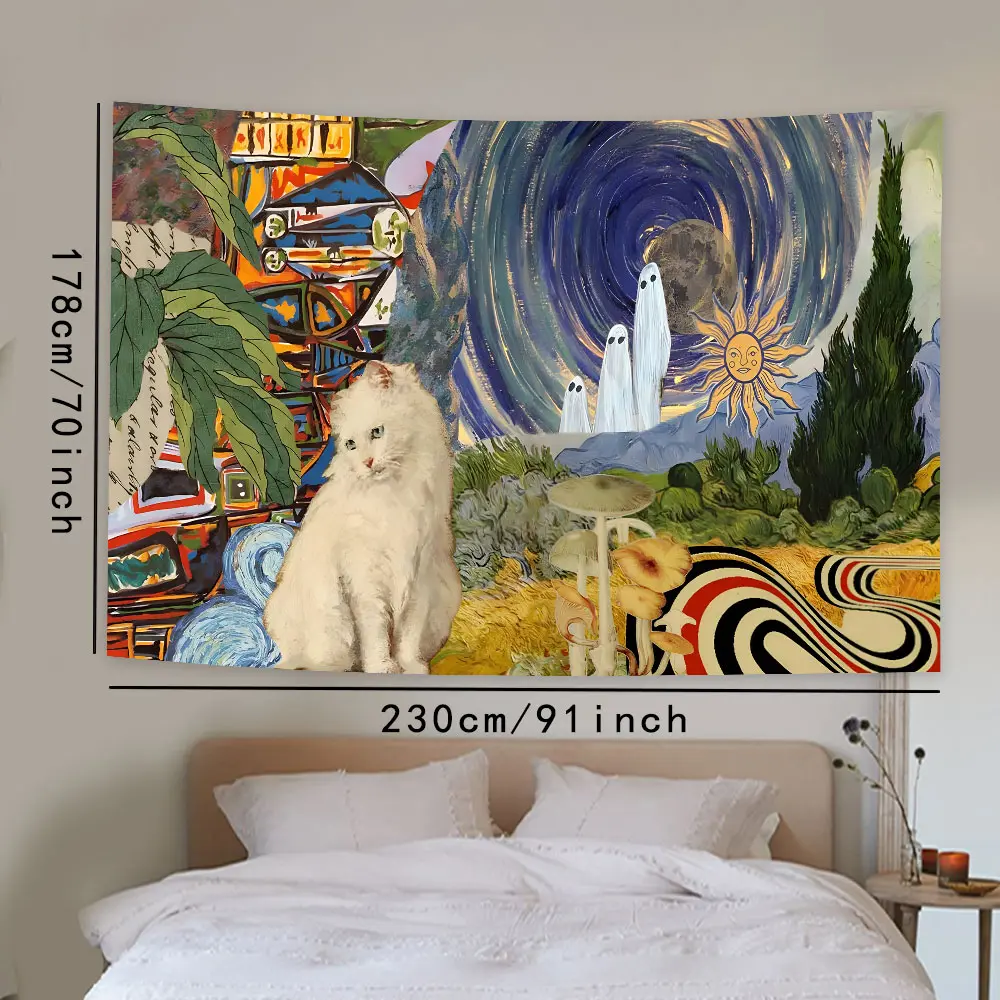 Abstract Cotton Fabric Collage Wall Tapestry - Modern Patchwork Art Hanging, Large Textured Look Multicolor Cloth Decoration for Bedroom, Lightweight Hippie Festival Blanket, Machine-Washable Home Decor