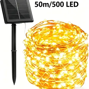 50m/500 LED Solar String Lights, Warm Outdoor Decorative Lanterns, Copper Wire Design, Ideal for Festive Celebrations