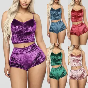 Women's Velvet Polyester Comfortable V-neck Underwear Setcamisole+shorts Pajamas Set Home Clothes Sleeveless Top Shorts