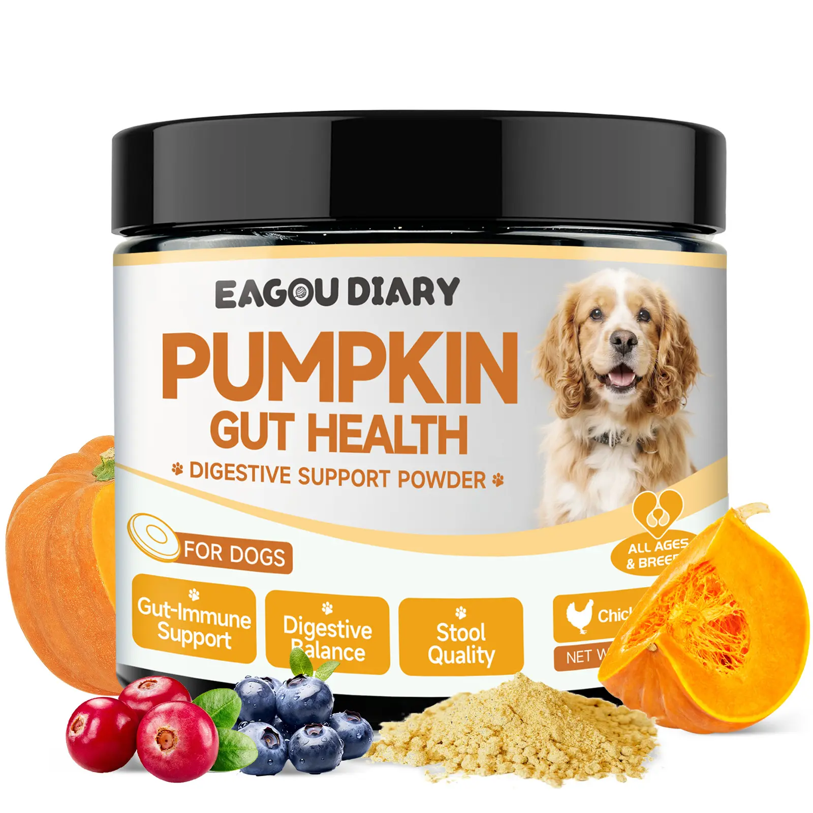 Eagou Diary Pumpkin Plus Superfood Meal Topper Dogs 230g Fast-Acting Digestive Relief Supports Digestive Health Soothes Sensitive Stomachs with Probiotics Cranberry Blueberry Enzymes