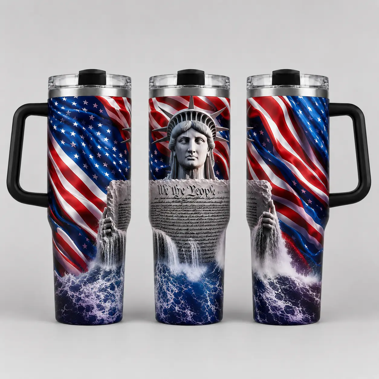 Patriotic Tumbler with Statue of Liberty Design, American Flag Pattern, and Lightning Motif, Ideal for Travel and Daily Use