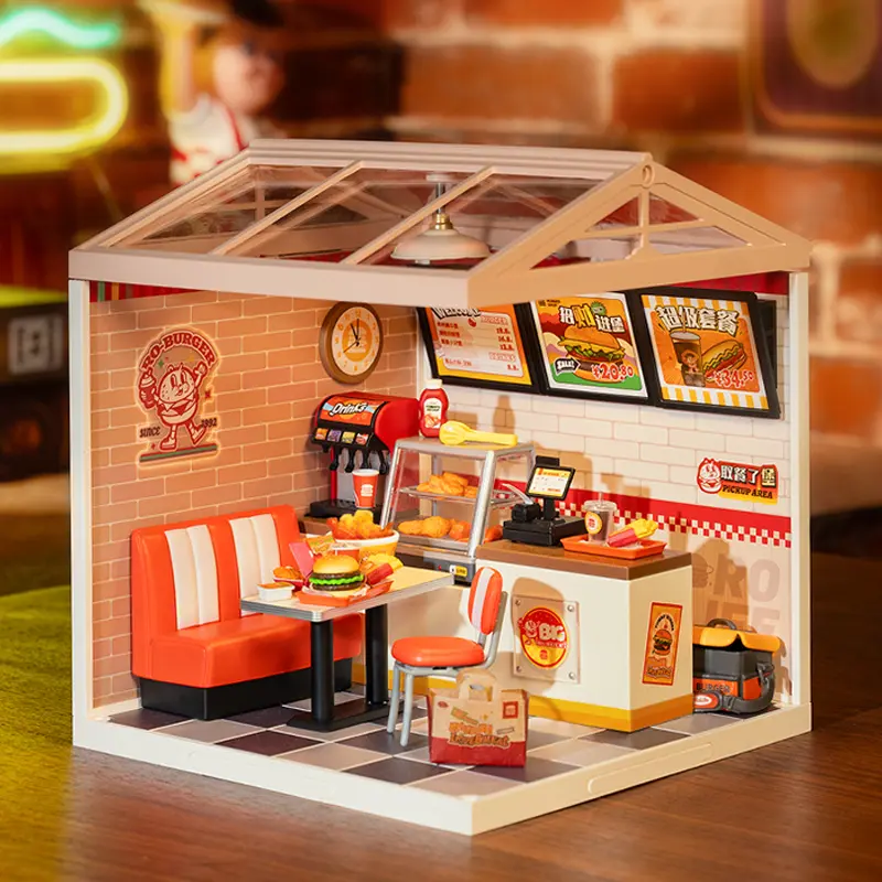 Rolife Yum Yum Burgers DIY Plastic Miniature House DW010 Miniature House Kit DIY Plastic House Building Toy Set with LED Tiny Store Making Kit Model Craft Hobby Unique Gift