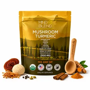 Mind Blend USDA Organic Caffeine-Free Instant Mushroom Beverage Tea with Ginger, Lion's Mane, Cordyceps, Turmeric, Adaptogens - 10 Servings, Gluten-Free, Vegan, Made in USA, Supports Natural Energy, Gut Health, Mental Focus