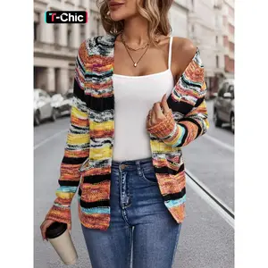 Women's Colorblock Stripes Print Open Front Long Sleeve Cardigan, Casual Pocket Raglan Sleeve Knitwear For Spring & Fall, Women's Knit Clothing For Daily Wear, Premium Fabric, Striped, Knitting, Womenswear