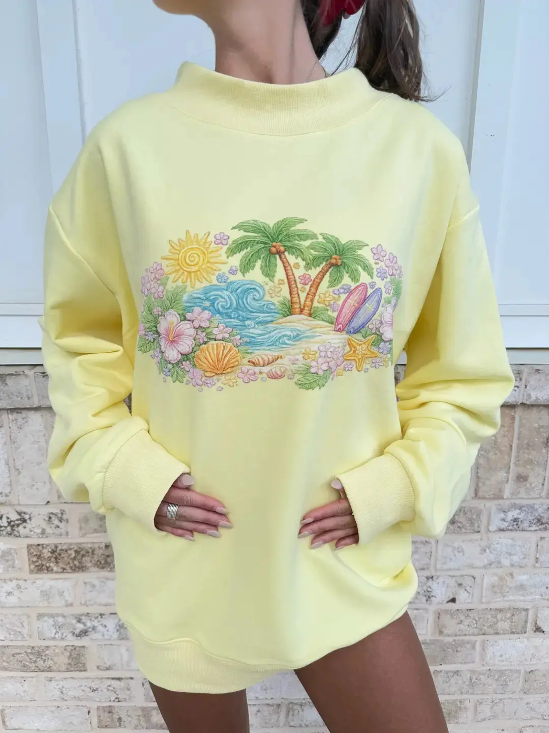 Butter Yellow Seaside Bloom Graphic Mockneck Sweatshirt