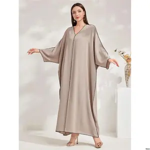 NeckBatwingSleeveLooseStraightTurkishWithLongSleeveModestKaftanArabianDress sSolidColorV AlNajmaWomen -