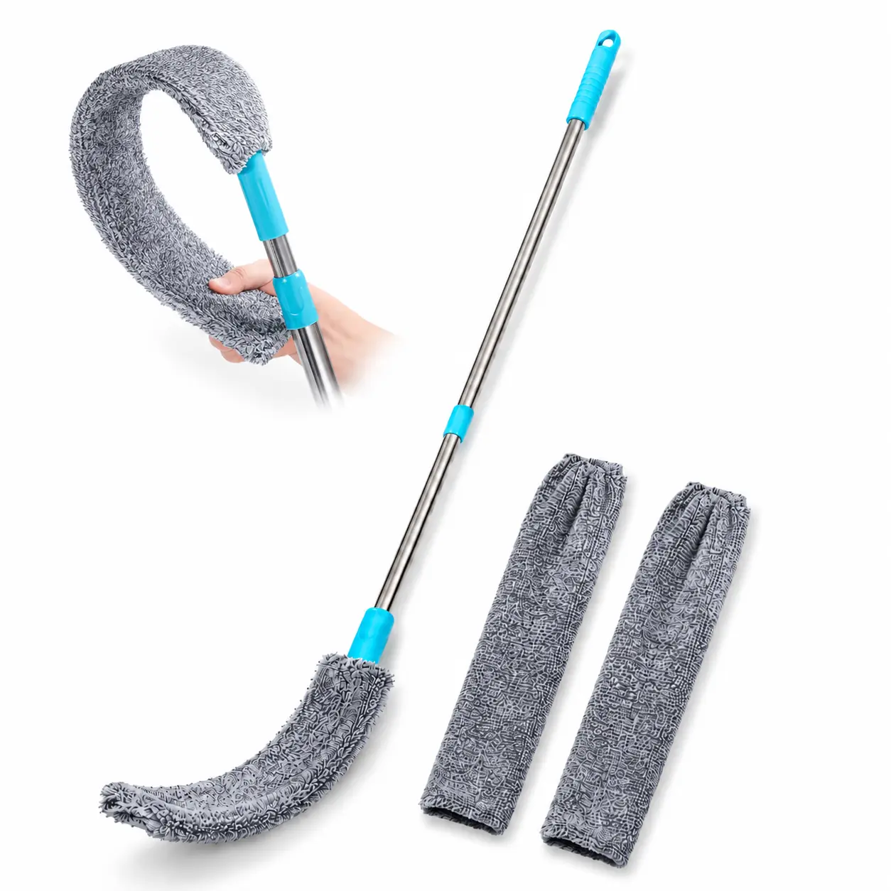 61.4 in Telescoping Under Bed Household Mop/Duster - Slim Profile Flexible Flat Microfiber Gap Cleaner for Sofas, Furniture, 3 Washable Covers for Daily Home Care