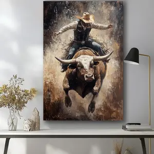 Cowboy Riding a Powerful Brown and White Bull Canvas Painting High-Definition Print for Living Room Bedroom Wall Art Decorative Mural Gift