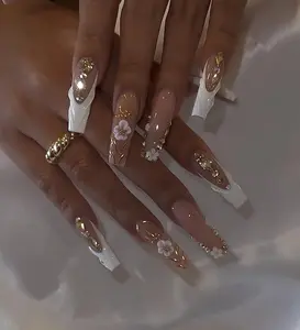 Flower Nails - Custom Press On Nails with 3D Design, Gold Accents, and Floral Accents, Available in Acrylic, Gel, and French Nails