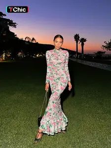 Styles by Faith Howard Women's Floral Print Ruffle Hem Bodycon Dress, Elegant Mock Neck Long Sleeve Gown for Party Holiday Wedding Guest, Ladies Fall & Winter Clothes, Elegant Dresses