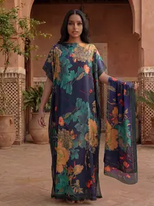 Women's Casual Striped Long Robe Set, Full-Print Hooded Shawl Dress + Headscarf Scarf, Beach Sun Protection Satin Silk Wrap, Beachwear