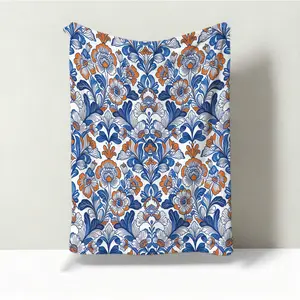 1 Piece Bohemian Blue Orange Floral Throw Blanket, HD Digital Single-Sided Printed Flannel Blanket, Super Soft Cozy Plush Gift Blanket for Sofa, Bed, Travel and Camping Decor