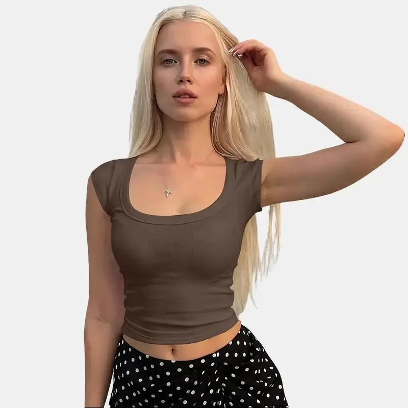 Women's Square Neck Short Sleeve Ribbed Crop Top 2026 Spring Summer New Arrival Slim Fit Dating Night Casual Outings Street Style Crop Top
