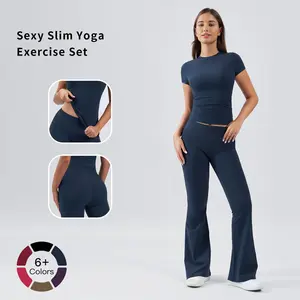 Tenwolf Women's Sports Set - Quick-Dry Slim Fit T-Shirt with High Waist Flared Leggings, Outdoor Casual Wear, Gym Workout & Yoga Activewear Set