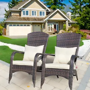 Outdoor Wicker Adirondack Chairs Set 2 Rattan Fire Pit Chairs Oversized Comfy Relax Accent Patio Chairs with Soft Cushion Low Deep Seating Tall Curved Backrest for Outside Backyard Deck Porch (2 pcs)