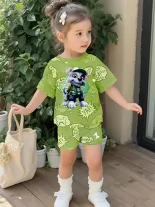 Fruit Green Paw Patrol Puppy Set Digital Printing 100% Polyester Baby Short-sleeve Set, Cute Baby Girl Casual Clothing, Suitable for Daily Wear and Outdoor Sports T-shirts, Perfect Gift for Babies and Toddlers, Cartoon Print Top