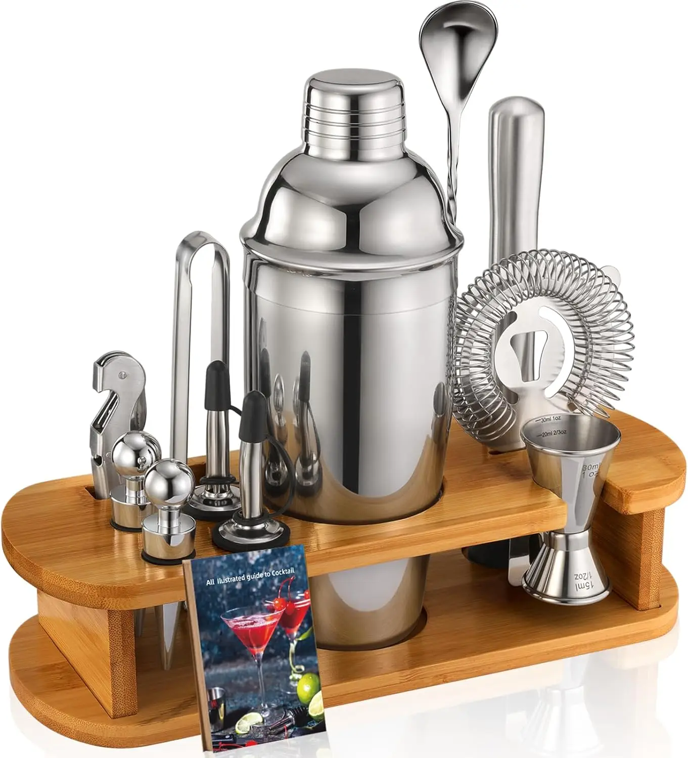 Cocktail Shaker Set Bartender Kit: 13-Pcs Bar Tools Set with Bamboo Stand, Essential Bar Accessories for Home: 25oz Martini Shaker, Jigger, Bar Spoon, Professional Cocktails Kit for Drink Mixing | Gift