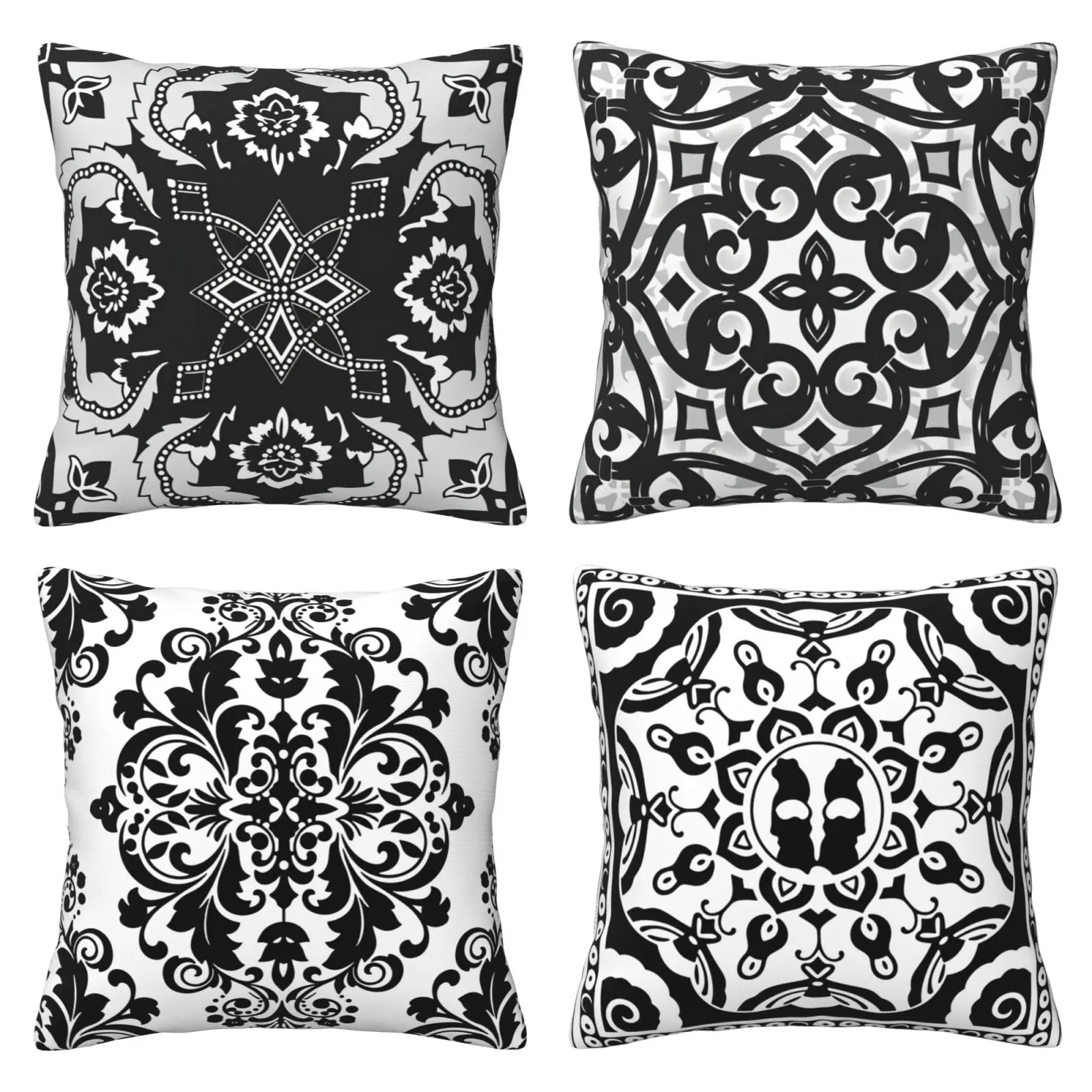 Flannel black and white pillowcase, decorative Chinese Bohemian style decoration, 4-piece set with double-sided printing, Home Textile