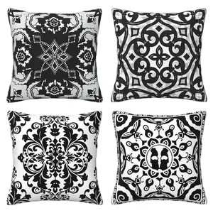 Flannel black and white pillowcase, decorative Chinese Bohemian style decoration, 4-piece set with double-sided printing, Home Textile