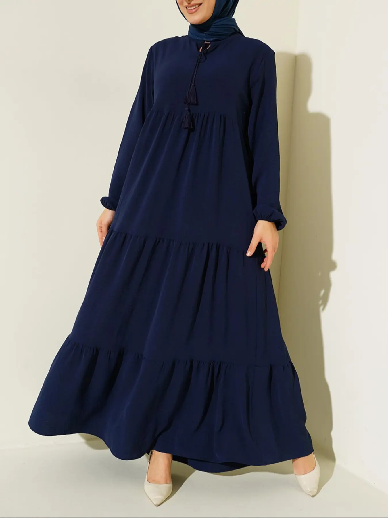 Elegant Muslim Women Long Sleeve Maxi Dress, Solid Color, Ruffle Hem, Casual & Formal Wear, Spring Summer Fashion