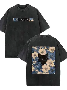 Black Cat Floral Pattern, Interesting Print, Vintage Washed Cotton T-Shirt, Y2k Style, American Street Style, Suitable For Men And Women Womenswear Fit Top