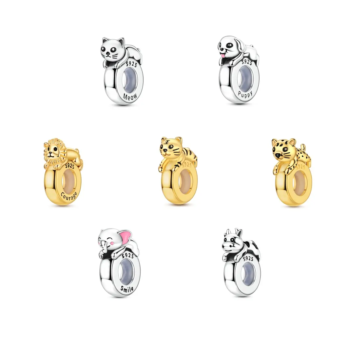 MULA Animal Stopper Charms for Pandora Bracelets, 925 Silver & Gold Plated Adorable Hugging Pose Bead for Women - Cat Dog Tiger, Silicone Grip