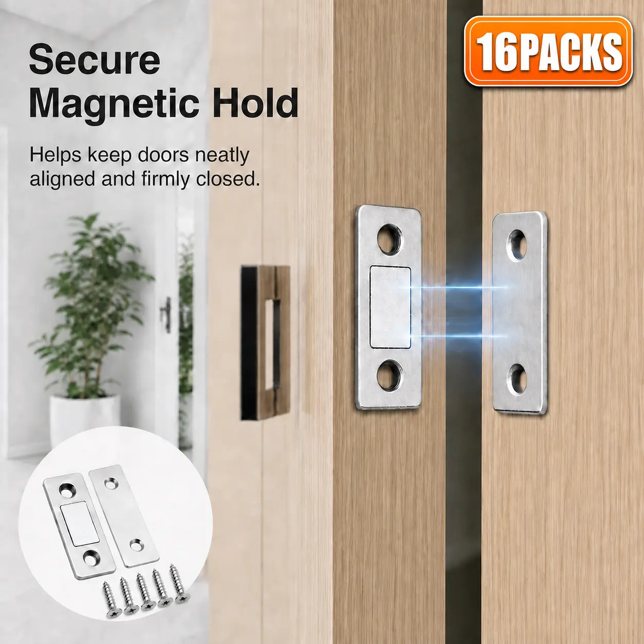 16/32 Counts Cabinet Magnetic Catch without Punching, Works on Wooden, Glass, Drawers & Metal Doors, Easy to Use