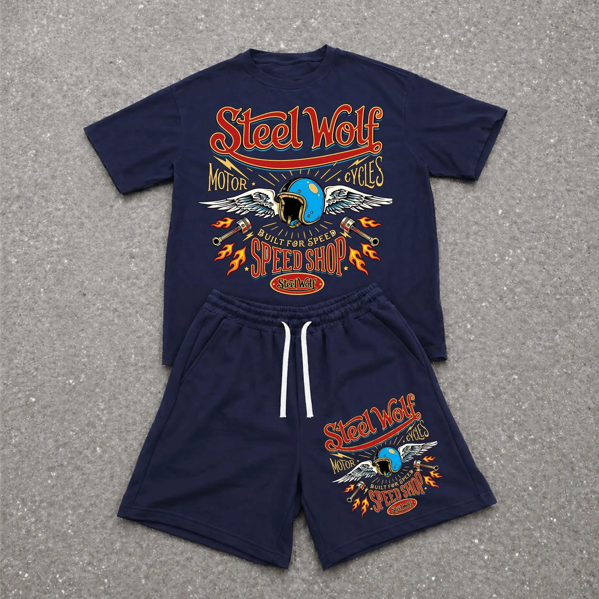 Men’s Summer 2 Piece Set, Steel Wolf: Motorcycle Style Hiphop Street Style Letter Print Short Sleeve T Shirt and Drawstring Shorts Matching Outfit, Lightweight Breathable Casual Set for Travel, Streetwear, Beach, Vacation, and Daily Wear