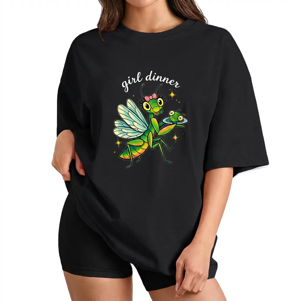 Women's Girl Dinner Meme T-Shirt with Funny Praying Mantis Graphic, Oversized Casual Streetwear Top, Plus Sizes S-6XL, Tshirt, Oversized Graphic Tee, Lady, Baggy, Graphic Print
