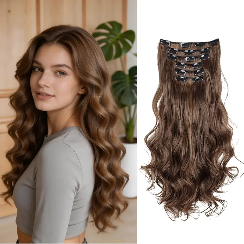 Miniso 24 Inch Romantic Wave Clip-in Hair Extensions, Heat Resistant Synthetic Fiber with Double Weft Construction, Glueless Full Head Cover for Casual Wear - Chocolate Brown
