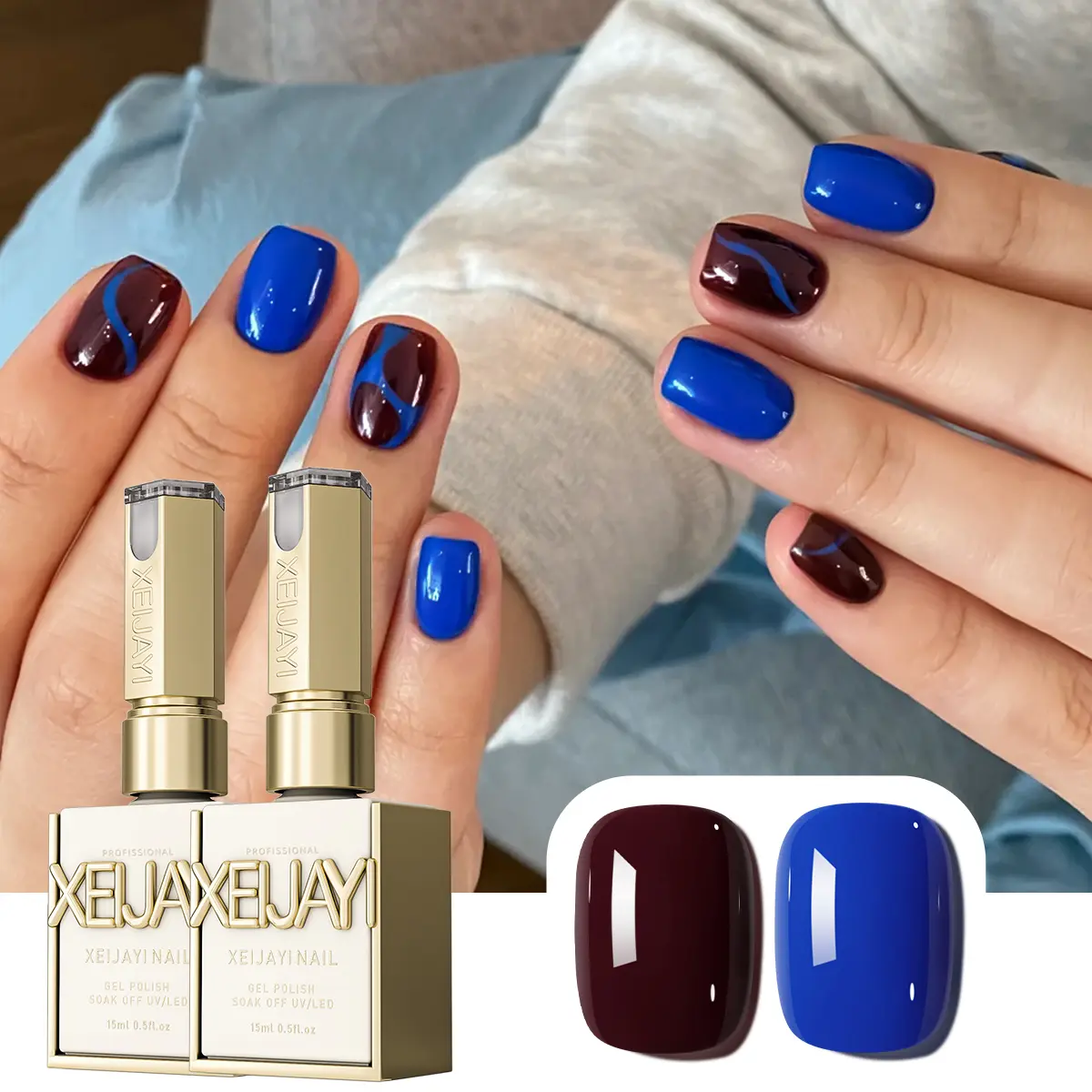 XEIJAYI 2PCS 15ML 【TPO&HEMA Free】Red Wine Klein Blue Nail Gel Polish, No.84+94 Dual Tone Gel with Glossy Finish, Versatile DIY Salon Nail Art Supplies for Women, Holiday Gift Choice