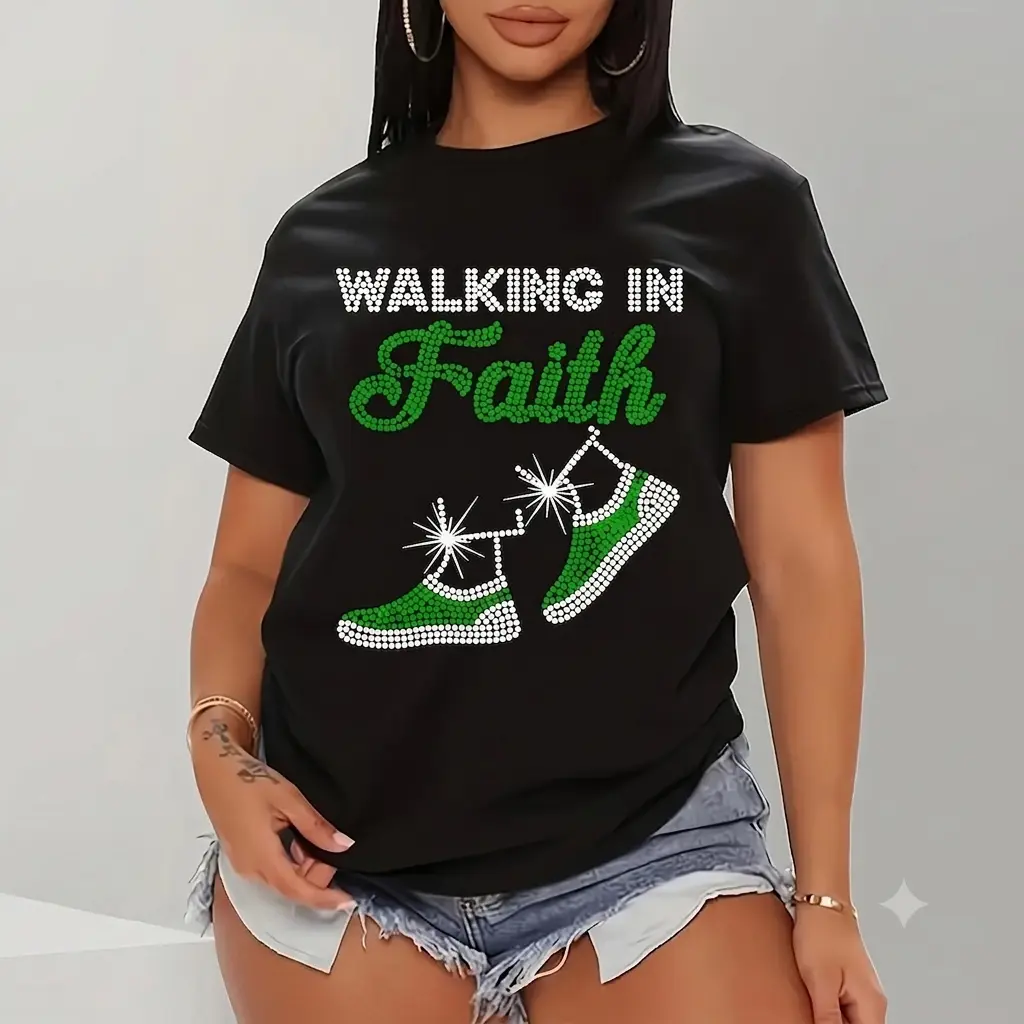 Women's Graphic Print Rhinestone Lettering Short-Sleeve Crewneck Casual Sporty Top - Lady's Active Lifestyle Apparel, Streetwear Tshirt for Workouts