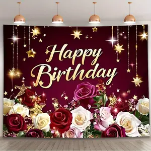 1pc Elegant Burgundy & Golden Floral Birthday Backdrop Banner with "Happy Birthday" Text - Perfect for Parties, Home Decor, and Celebrations, Easy to Hang for Indoor & Outdoor Use, Polyester Material Flower Ornaments