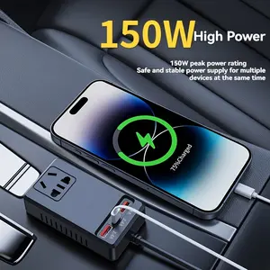 150W Car Power Inverter 12V 24V to 220V Plug Socket with 2 USB Ports Type C PD Fast Charging Smart Rapid Charger for Phone Laptop Tablet Power Converter for Cars Trucks RVs SUVs Travel Road Trip Essential Car Accessory Portable Lightweight Compact Design