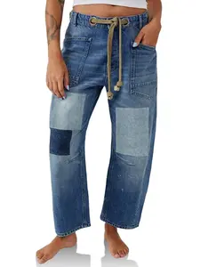 Womens Baggy Barrel Horseshoe Jeans Wide Leg Patchwork Low Rise Denim Pants with Pockets