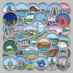 Cartoon City Landmark Series Sticker, 50pcs/set Waterproof Self Adhesive Decor Paper, Decor Sticker for Gift Greeting Card Water Bottle Laptop Phone