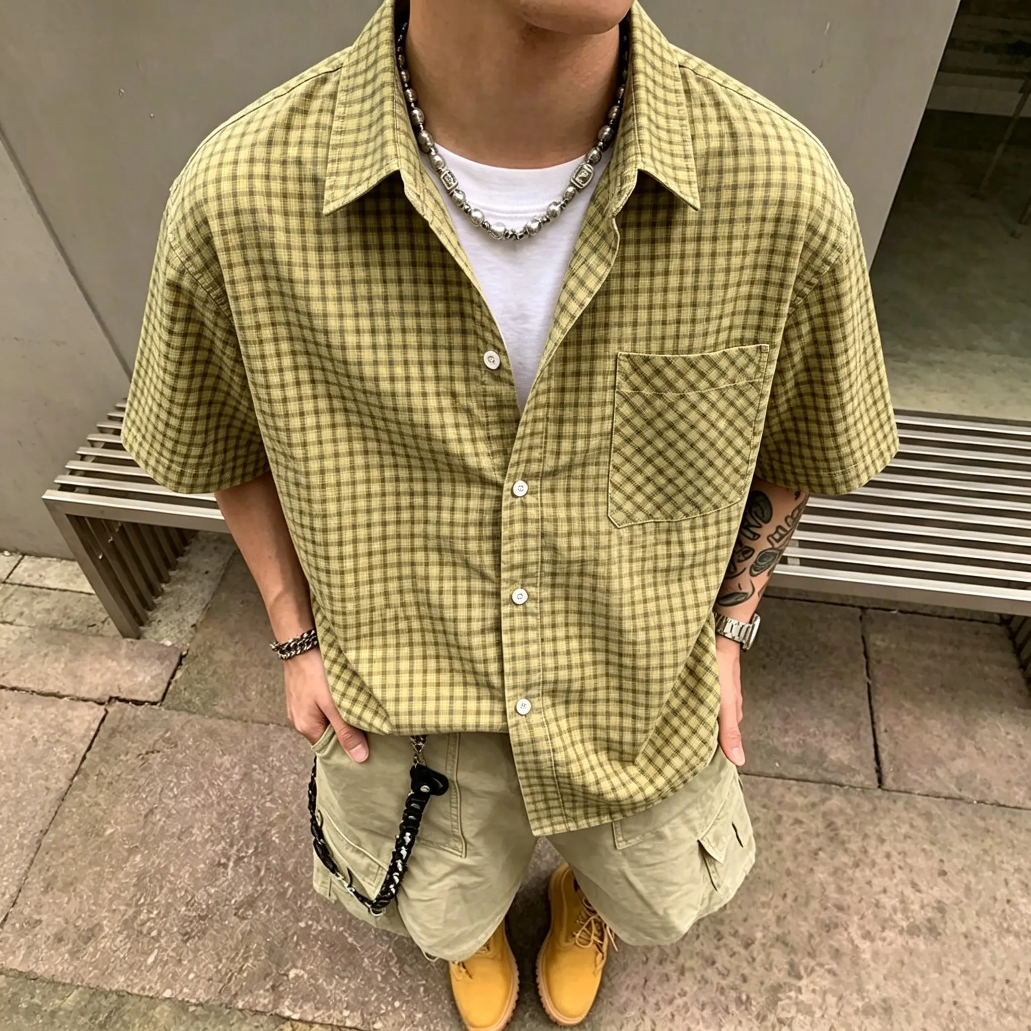 Men’s 100% pure cotton yellow plaid short-sleeve button shirt, casual loose fit plaid shirt with pocket design, lightweight and breathable summer top—an ideal gift for students, for sending to children (boys and teenagers) for back-to-school, birthdays, e